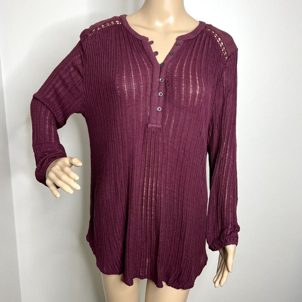 Lucky Brand Linen Purple Knit Lace Long Sleeve Shirt